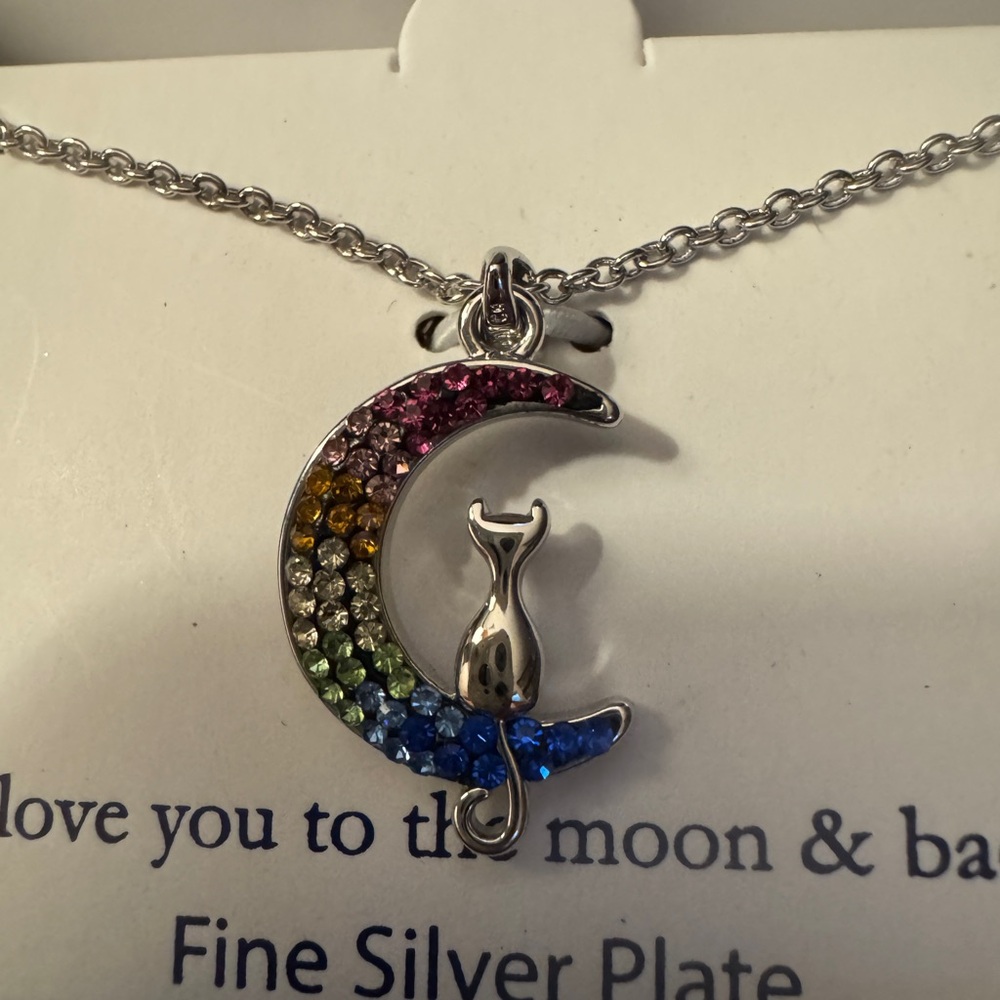 NWT Moon & Cat Silver plate Pendant Necklace w gift box .Love you to Moon & Back